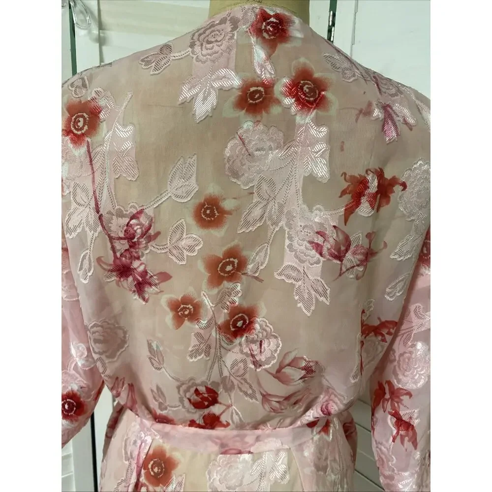 Secret Treasures Pink Floral Belted Robe Kimono Sheer Chiffon Jacquard Sz Small
